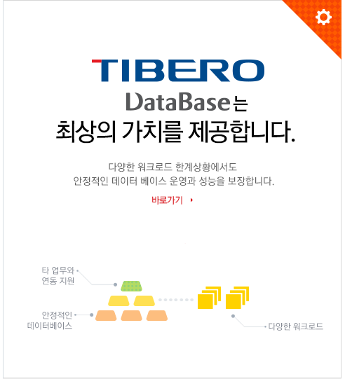 TIBERO DataBase는 최상의 가치를 제공합니다. 다양한 워크로드와 한계상황에서도 안정적인 데이터베이스 운영과 성능을 보장합니다. 바로가기 